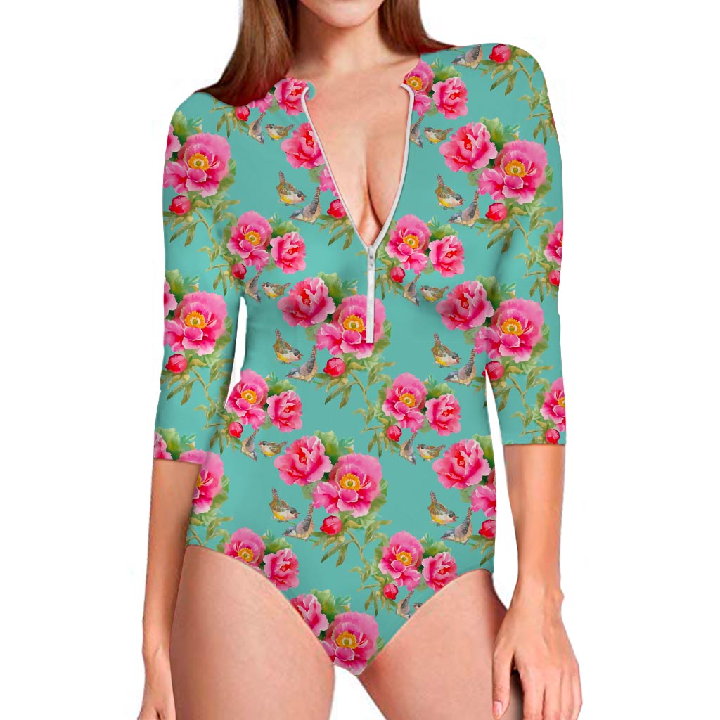 Bird Pink Floral Flower Pattern Print Long Sleeve Swimsuit