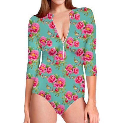 Bird Pink Floral Flower Pattern Print Long Sleeve Swimsuit