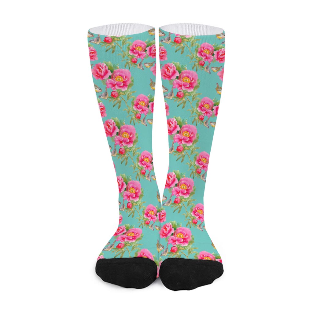 Bird Pink Floral Flower Pattern Print Long Socks