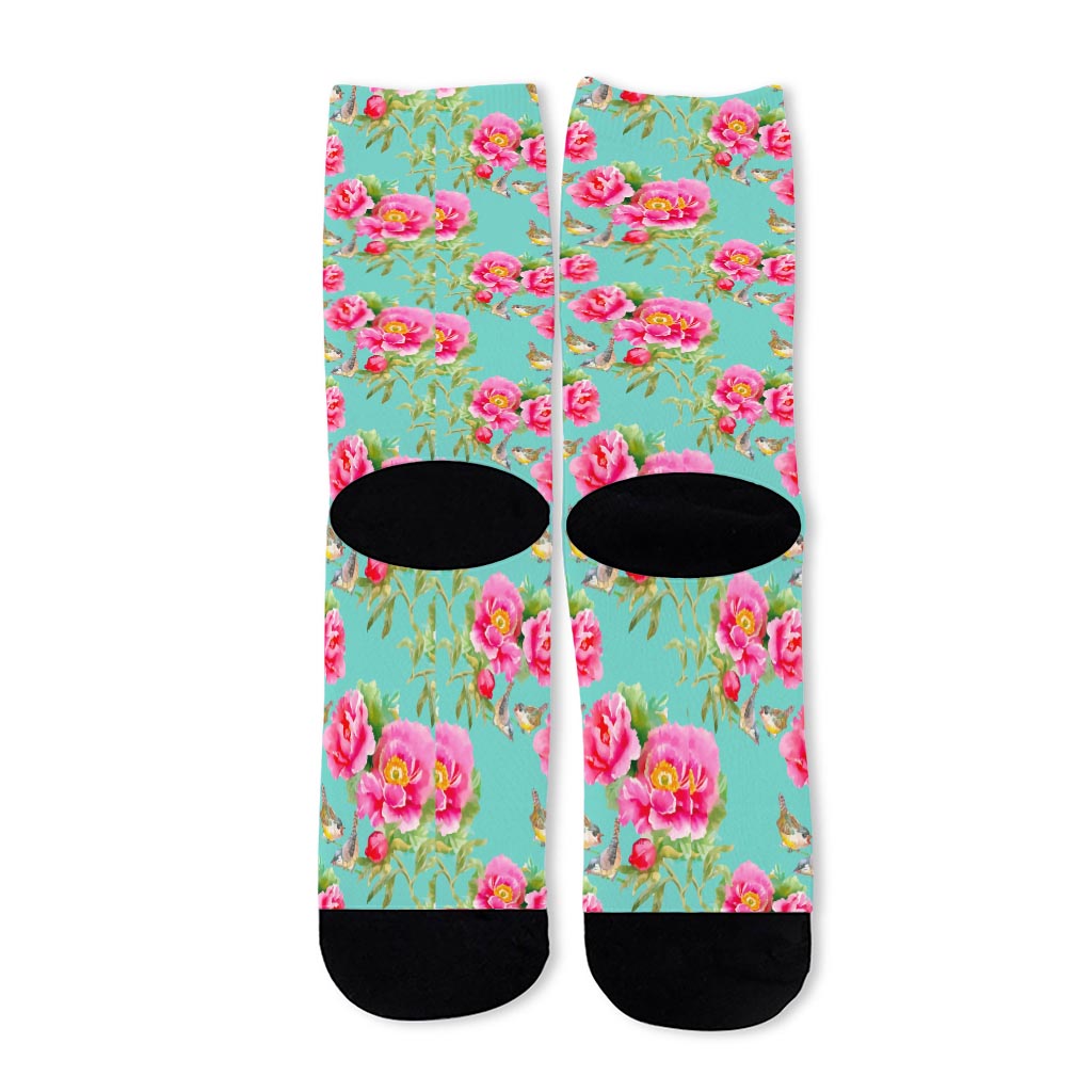 Bird Pink Floral Flower Pattern Print Long Socks