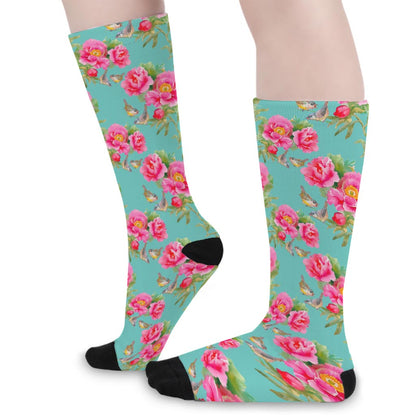 Bird Pink Floral Flower Pattern Print Long Socks