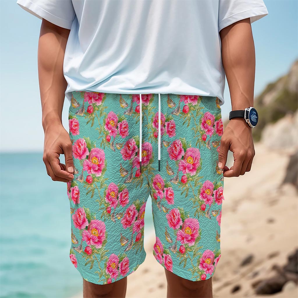 Bird Pink Floral Flower Pattern Print Men's Cargo Shorts