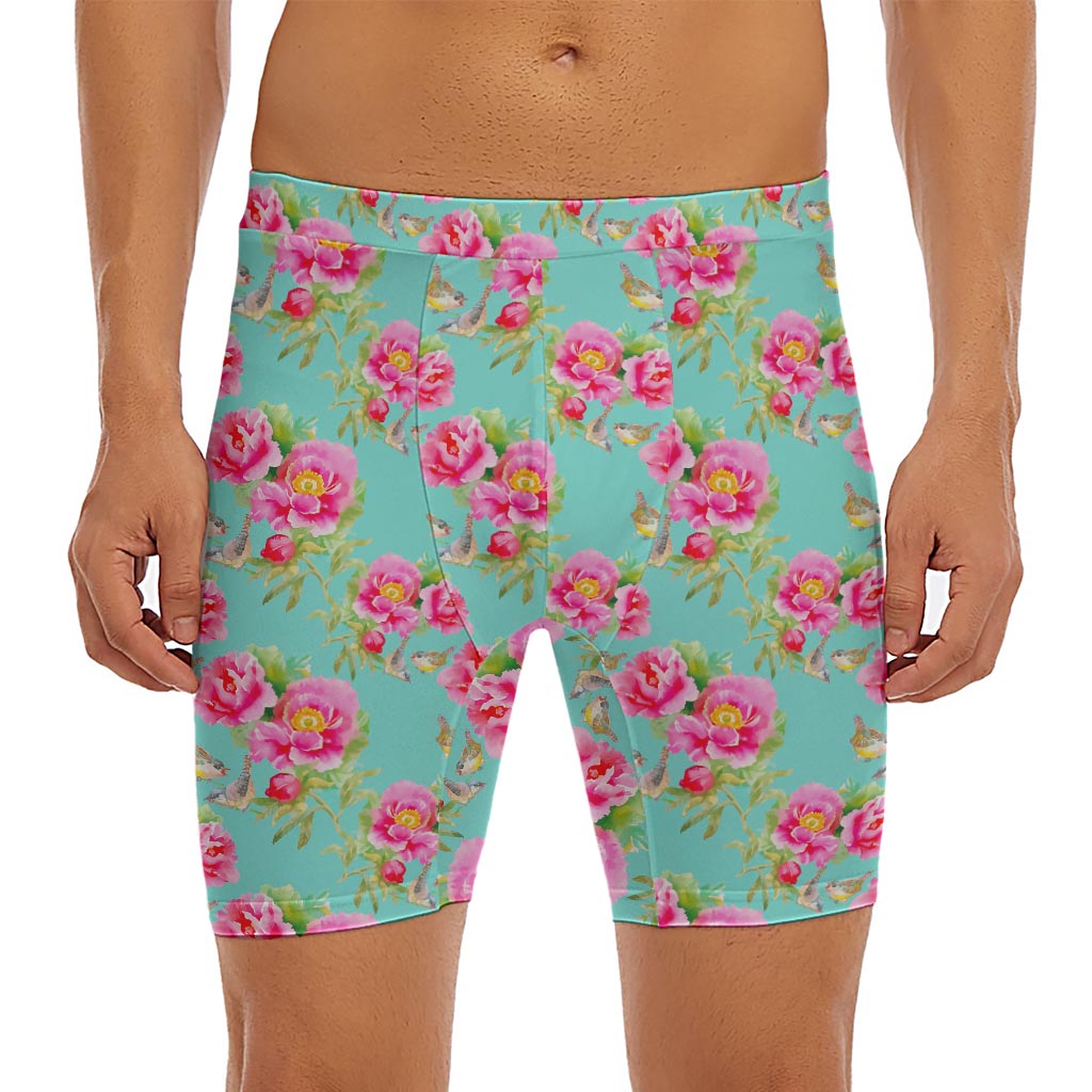 Bird Pink Floral Flower Pattern Print Men's Long Boxer Briefs