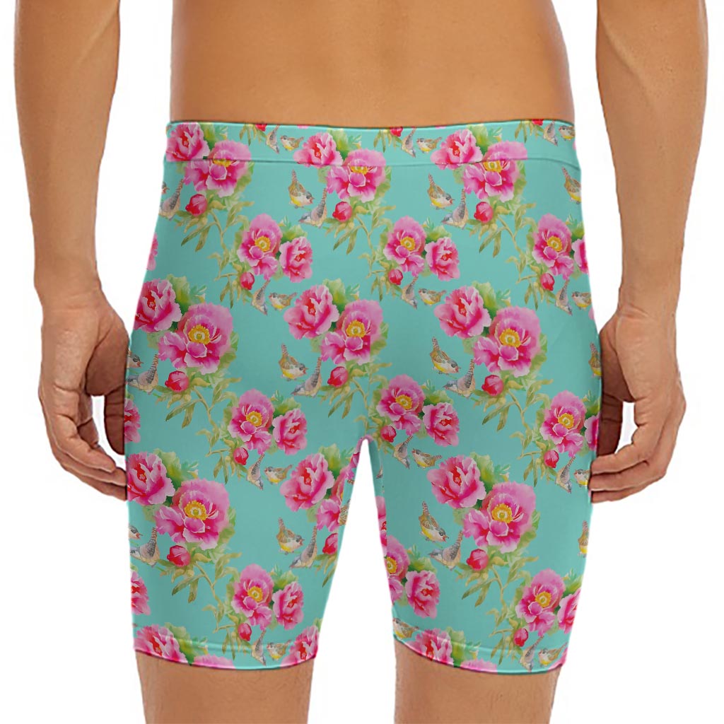 Bird Pink Floral Flower Pattern Print Men's Long Boxer Briefs