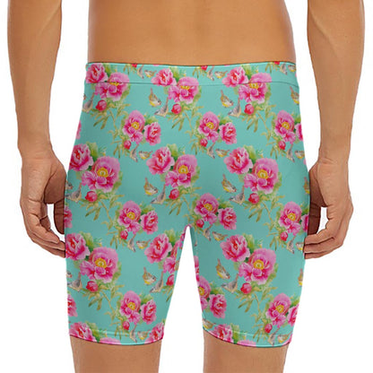 Bird Pink Floral Flower Pattern Print Men's Long Boxer Briefs