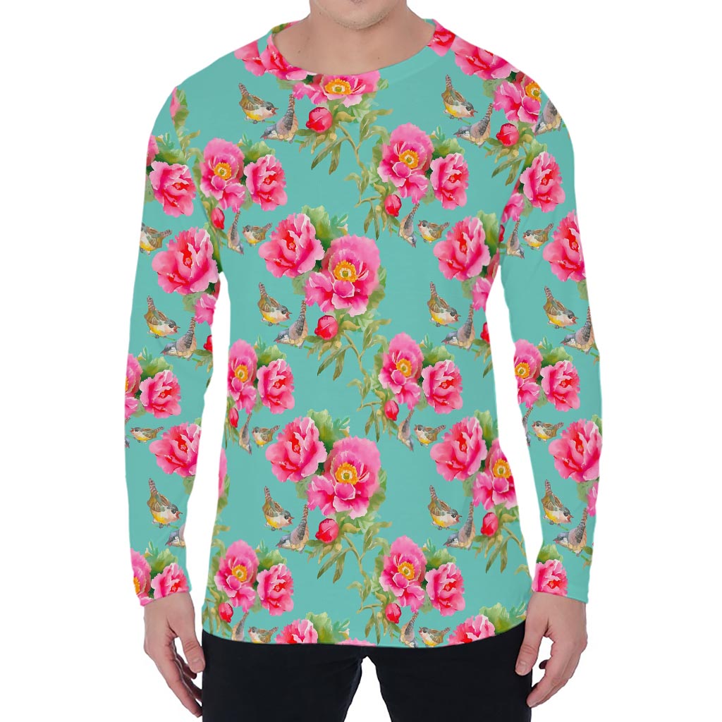 Bird Pink Floral Flower Pattern Print Men's Long Sleeve T-Shirt
