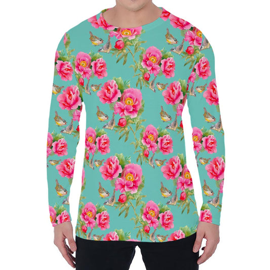 Bird Pink Floral Flower Pattern Print Men's Long Sleeve T-Shirt