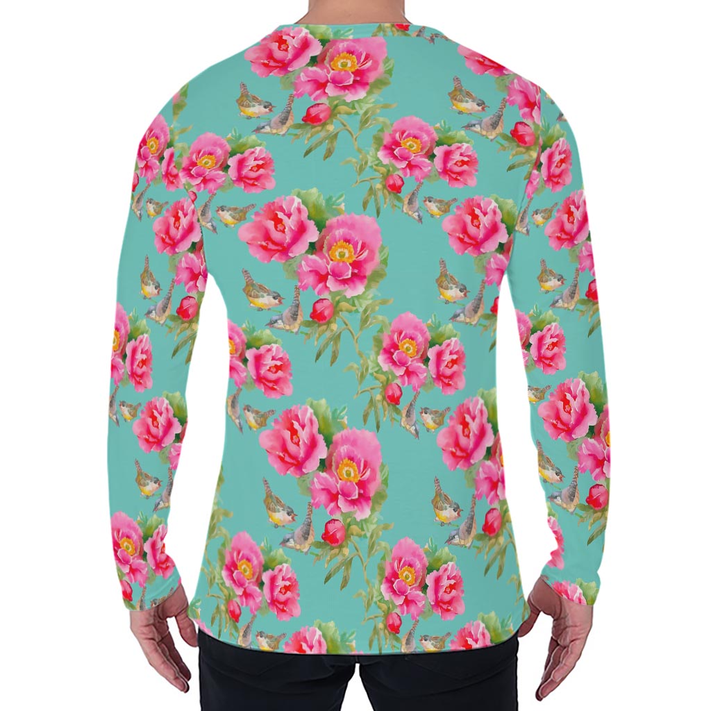 Bird Pink Floral Flower Pattern Print Men's Long Sleeve T-Shirt