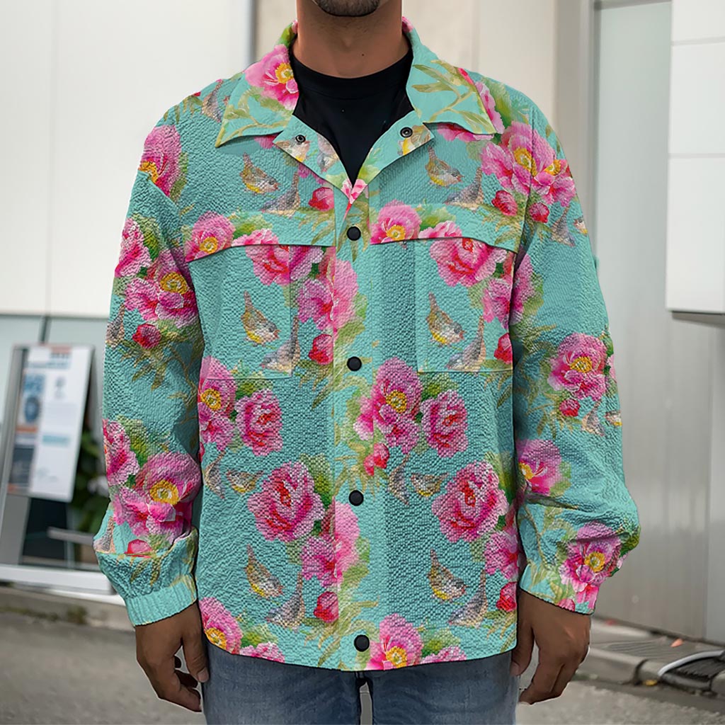 Bird Pink Floral Flower Pattern Print Men's Shirt Jacket
