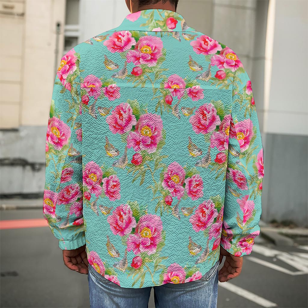 Bird Pink Floral Flower Pattern Print Men's Shirt Jacket