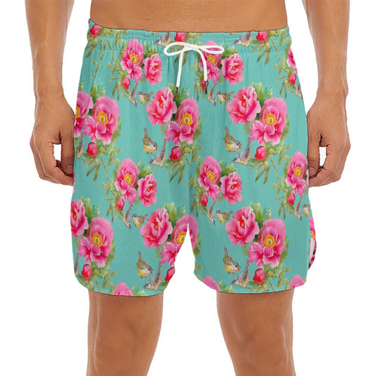 Bird Pink Floral Flower Pattern Print Men's Split Running Shorts