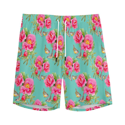 Bird Pink Floral Flower Pattern Print Men's Sports Shorts