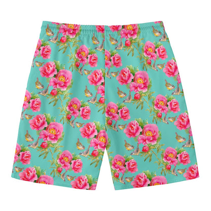 Bird Pink Floral Flower Pattern Print Men's Swim Trunks