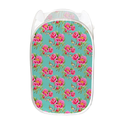 Bird Pink Floral Flower Pattern Print Mesh Laundry Hamper
