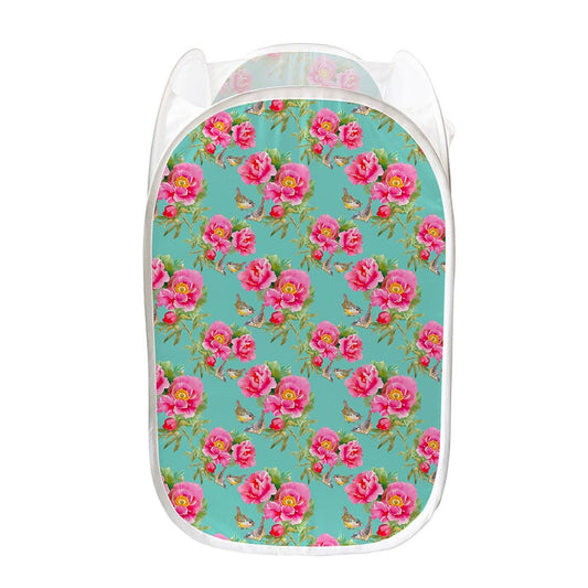 Bird Pink Floral Flower Pattern Print Mesh Laundry Hamper