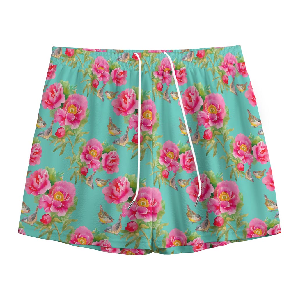 Bird Pink Floral Flower Pattern Print Mesh Shorts