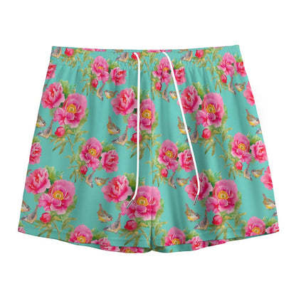Bird Pink Floral Flower Pattern Print Mesh Shorts