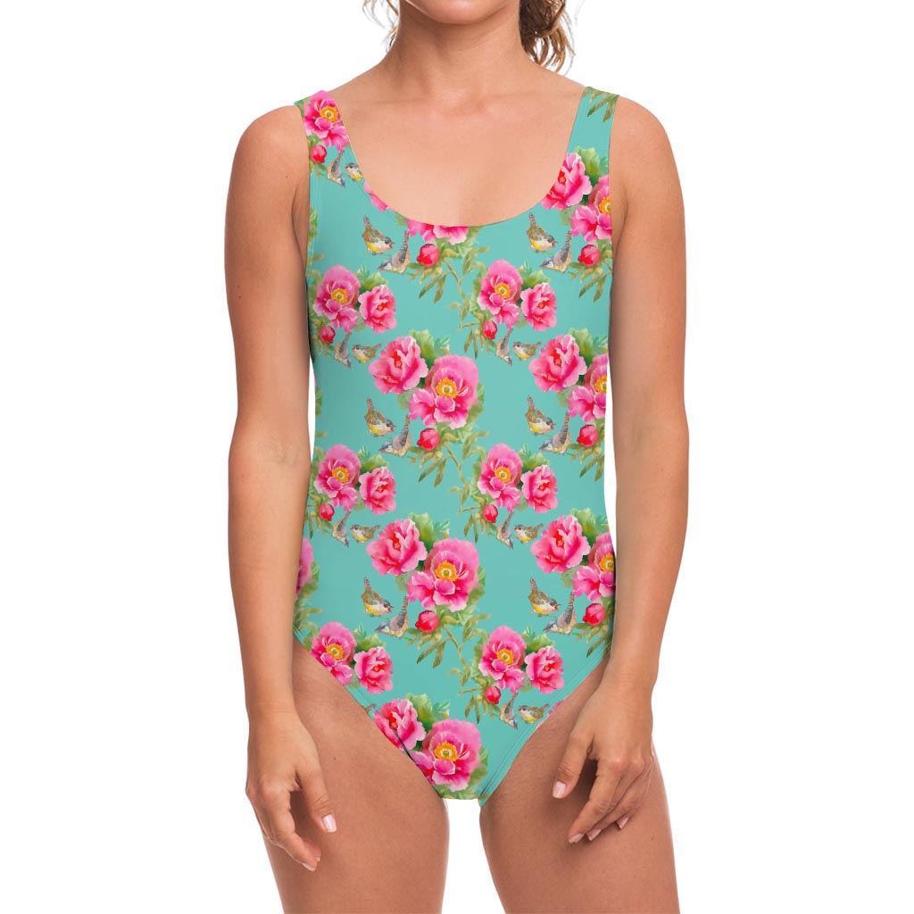 Bird Pink Floral Flower Pattern Print One Piece Swimsuit