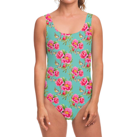 Bird Pink Floral Flower Pattern Print One Piece Swimsuit