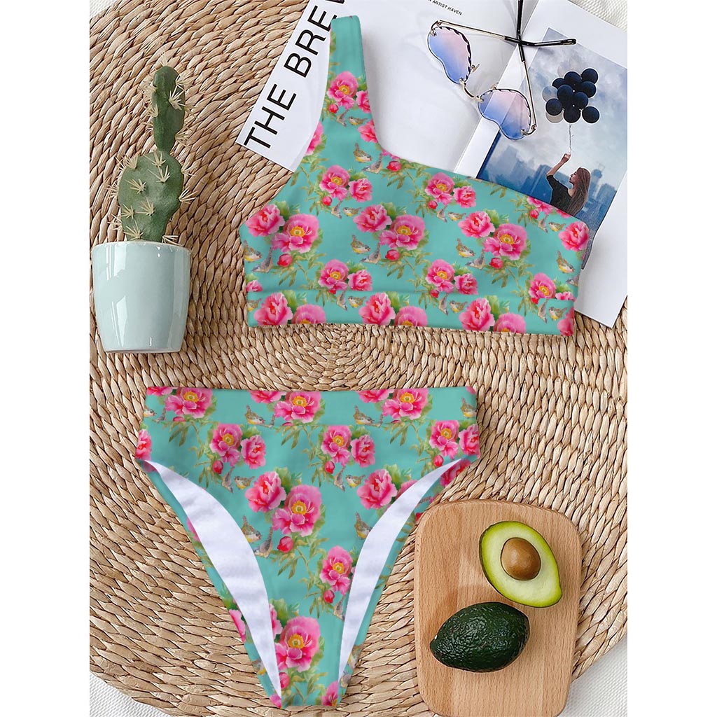 Bird Pink Floral Flower Pattern Print One Shoulder Bikini Top