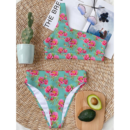 Bird Pink Floral Flower Pattern Print One Shoulder Bikini Top