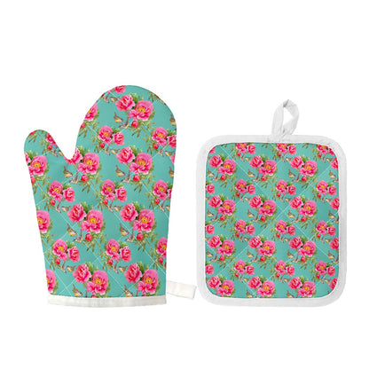 Bird Pink Floral Flower Pattern Print Oven Mitt And Pot Holder Set