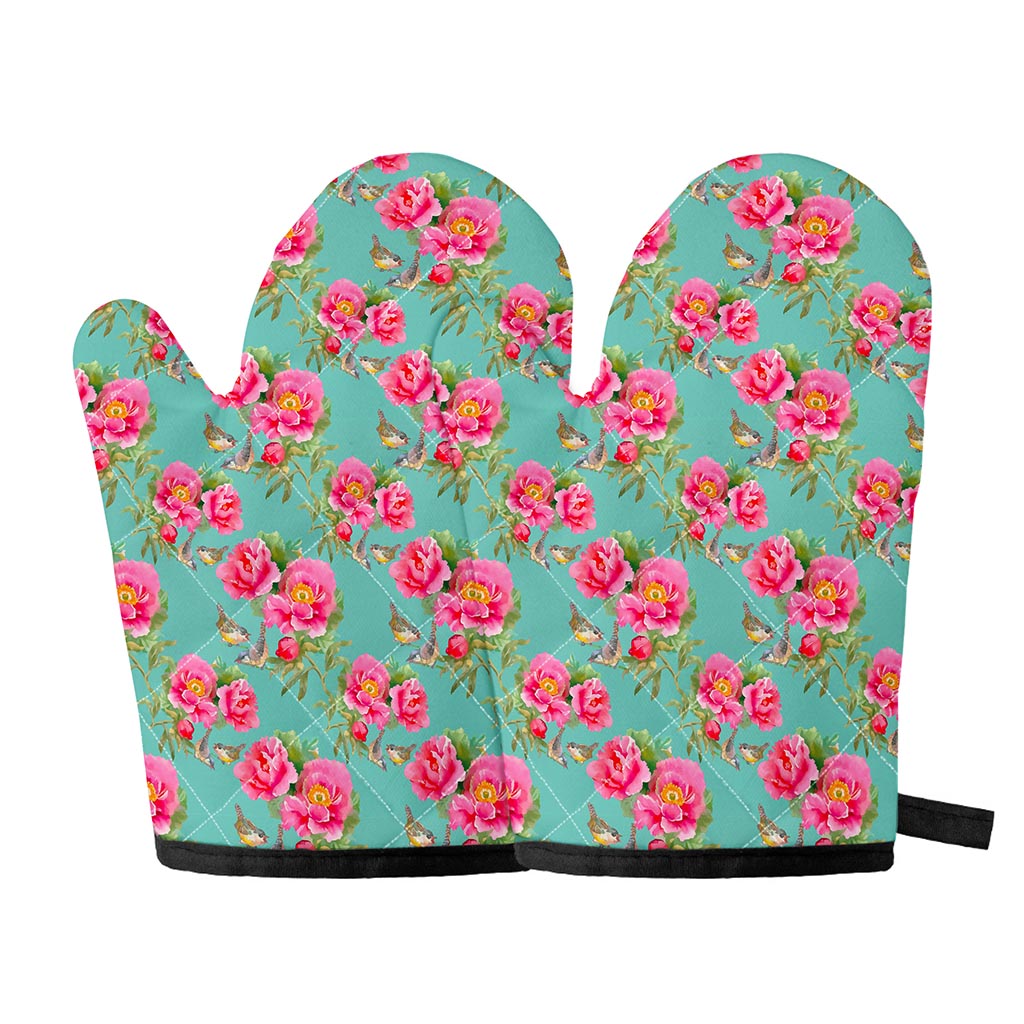 Bird Pink Floral Flower Pattern Print Oven Mitts