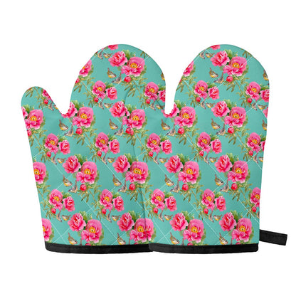 Bird Pink Floral Flower Pattern Print Oven Mitts