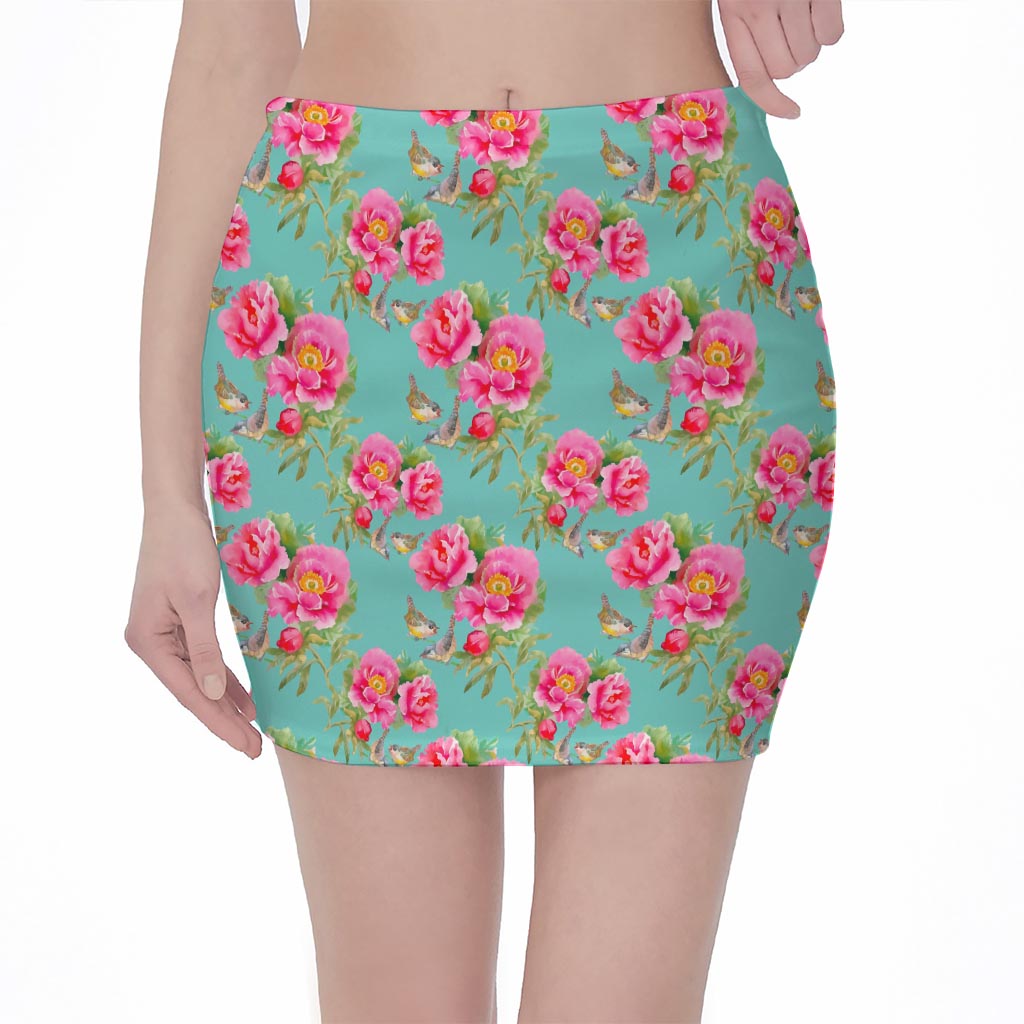 Bird Pink Floral Flower Pattern Print Pencil Mini Skirt