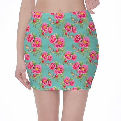 Bird Pink Floral Flower Pattern Print Pencil Mini Skirt