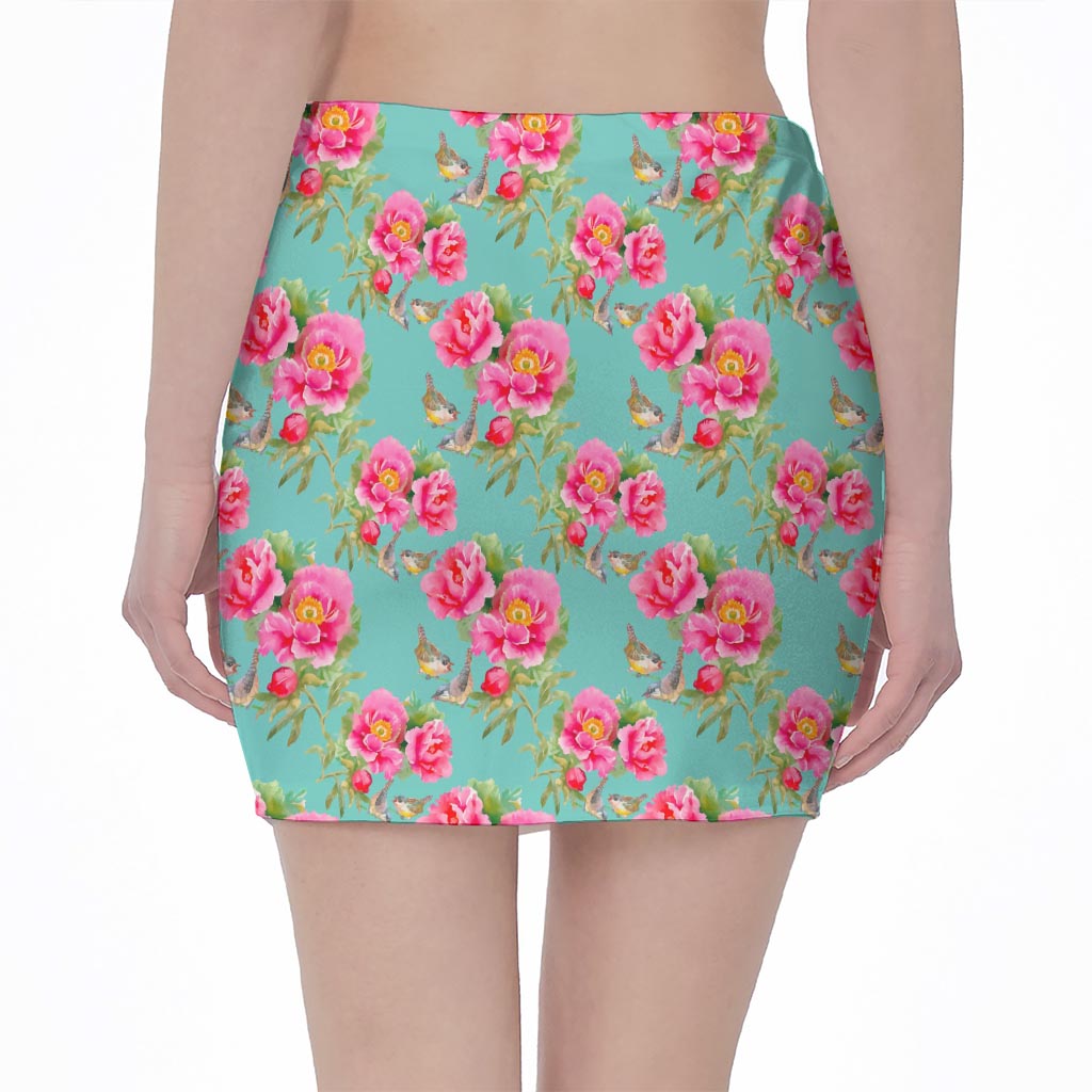 Bird Pink Floral Flower Pattern Print Pencil Mini Skirt