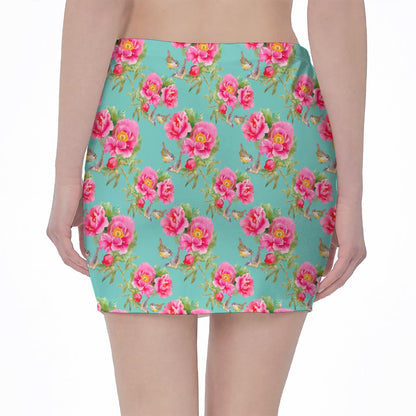 Bird Pink Floral Flower Pattern Print Pencil Mini Skirt