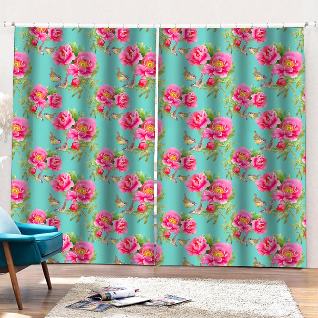 Bird Pink Floral Flower Pattern Print Pencil Pleat Curtains
