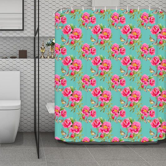 Bird Pink Floral Flower Pattern Print Polyester Shower Curtain