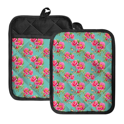 Bird Pink Floral Flower Pattern Print Pot Holders With Pocket