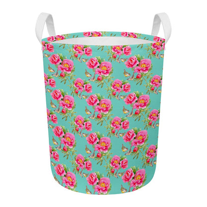 Bird Pink Floral Flower Pattern Print Round Laundry Basket