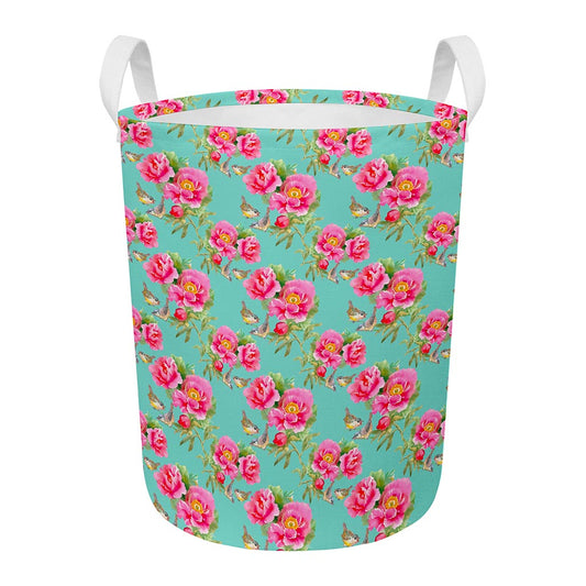 Bird Pink Floral Flower Pattern Print Round Laundry Basket