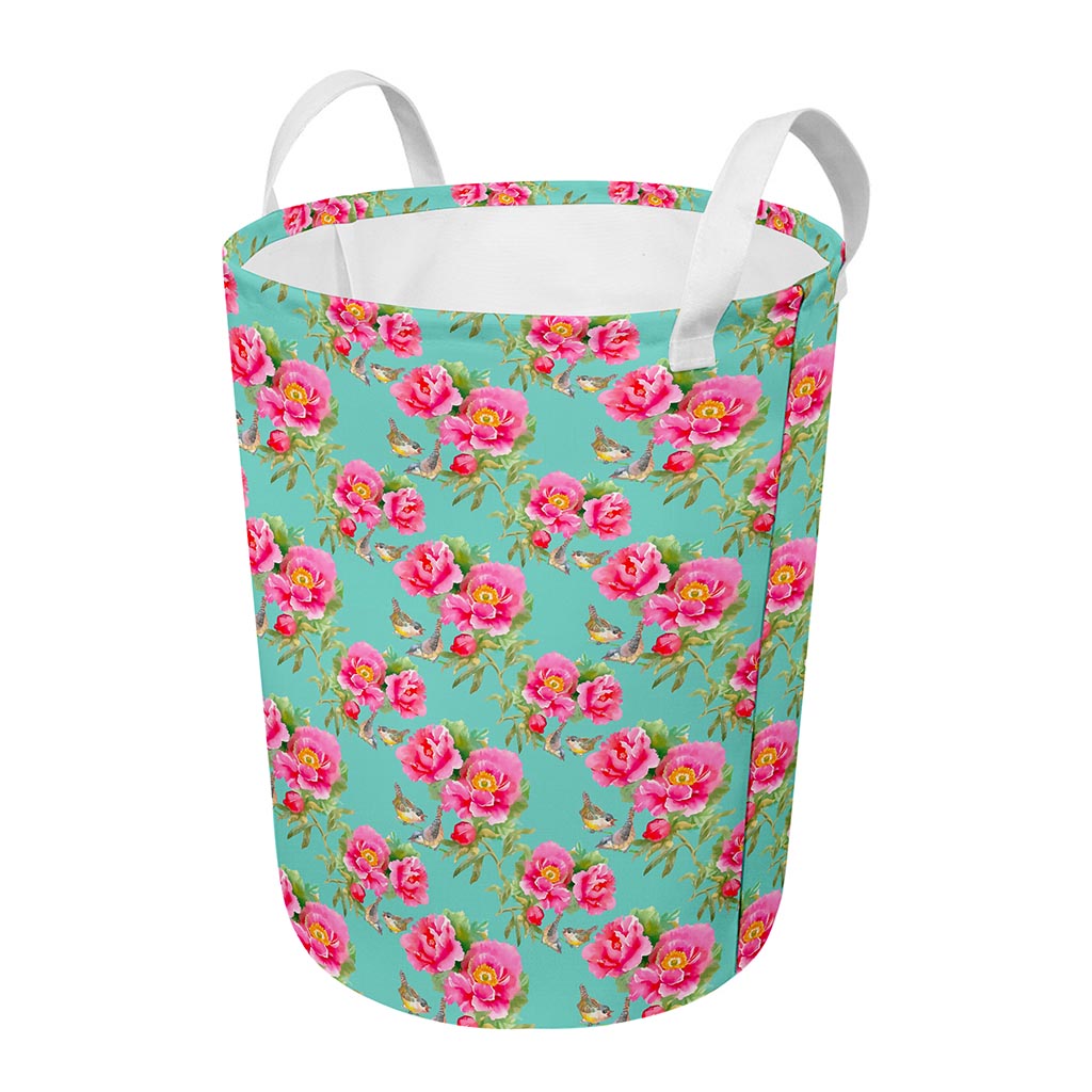 Bird Pink Floral Flower Pattern Print Round Laundry Basket
