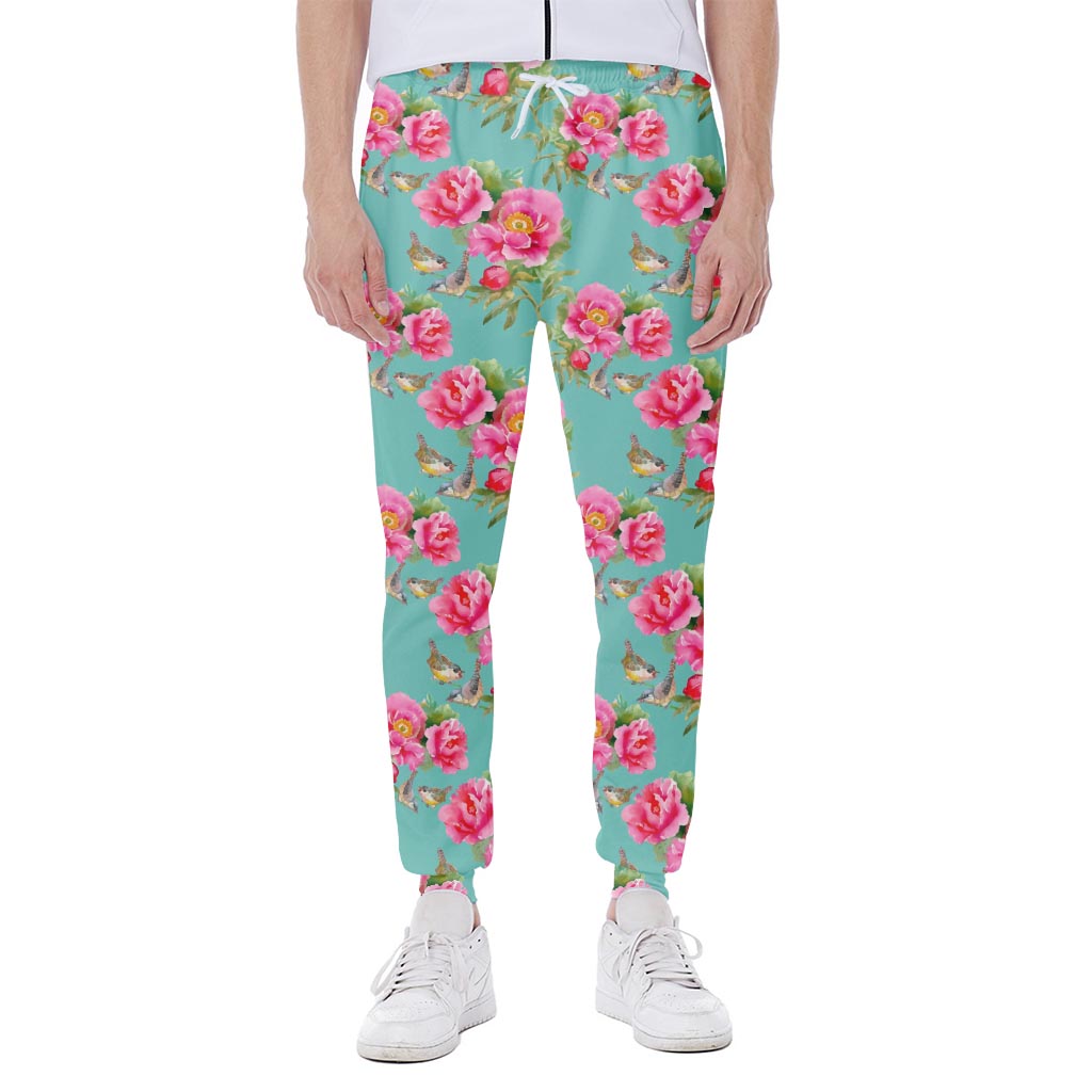 Bird Pink Floral Flower Pattern Print Scuba Joggers