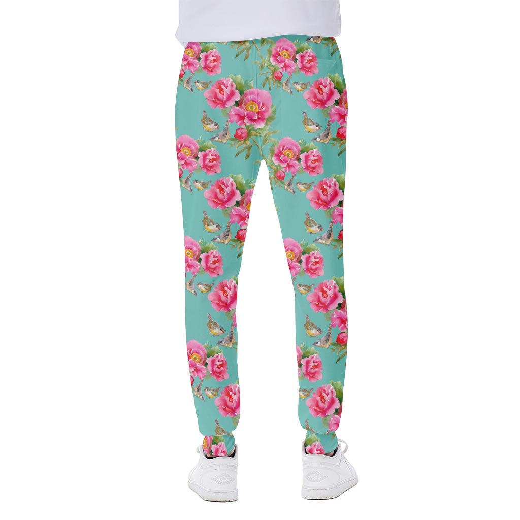Bird Pink Floral Flower Pattern Print Scuba Joggers