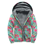 Bird Pink Floral Flower Pattern Print Sherpa Lined Zip Up Hoodie