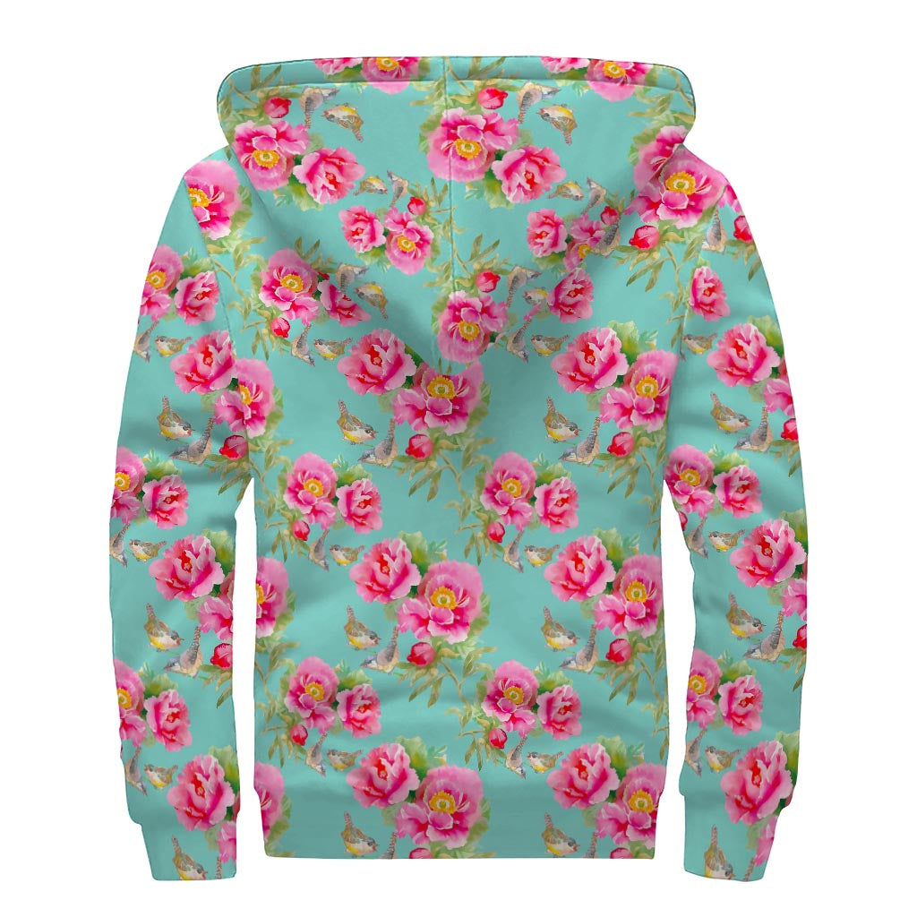 Bird Pink Floral Flower Pattern Print Sherpa Lined Zip Up Hoodie