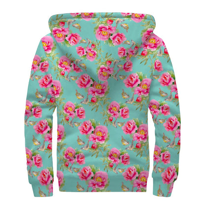 Bird Pink Floral Flower Pattern Print Sherpa Lined Zip Up Hoodie