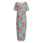 Bird Pink Floral Flower Pattern Print Short Sleeve Long Nightdress