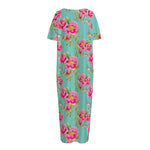 Bird Pink Floral Flower Pattern Print Short Sleeve Long Nightdress
