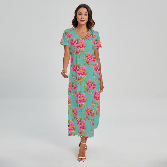 Bird Pink Floral Flower Pattern Print Short Sleeve Maxi Dress