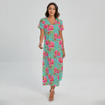 Bird Pink Floral Flower Pattern Print Short Sleeve Maxi Dress