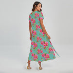 Bird Pink Floral Flower Pattern Print Short Sleeve Maxi Dress