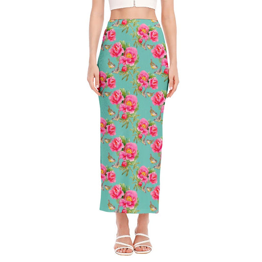 Bird Pink Floral Flower Pattern Print Side Slit Maxi Skirt