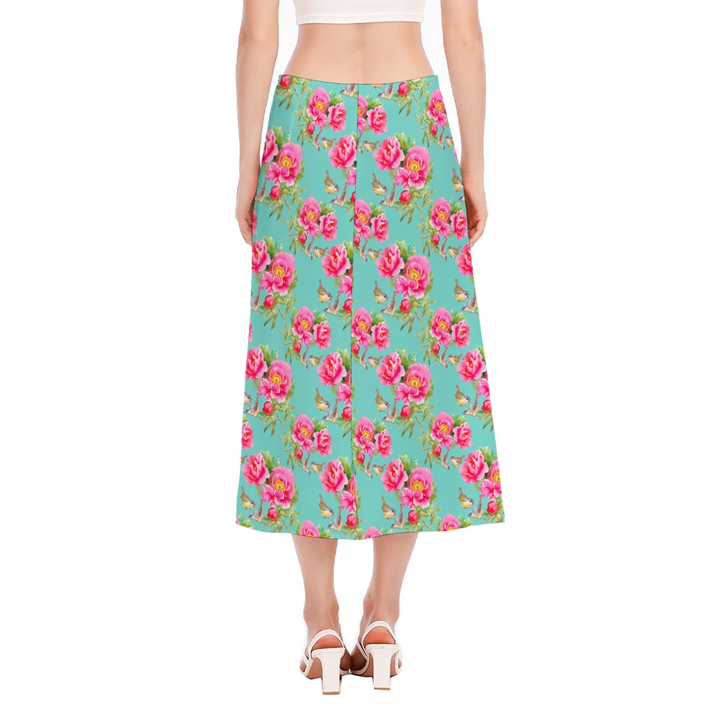 Bird Pink Floral Flower Pattern Print Side Slit Midi Skirt